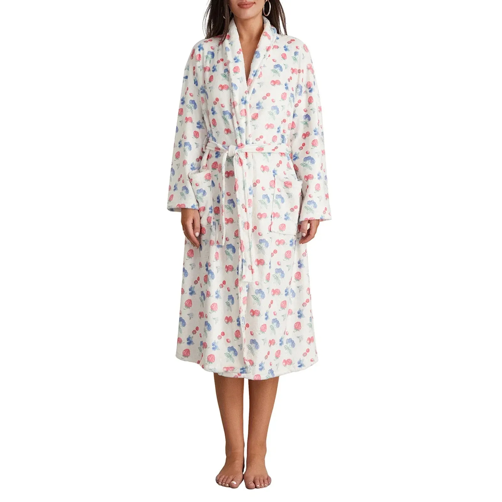 Women Flannel Robe Home Sleepwear Floral Print Shawl Collar Bathrobe Kimono Robe with Belt Winter Warm Pajamas Clothes