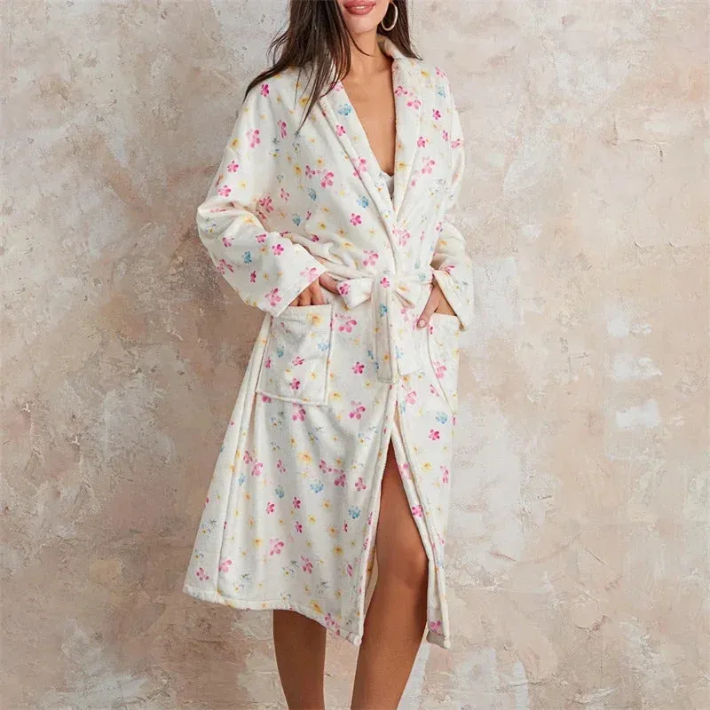 Women Flannel Robe Home Sleepwear Floral Print Shawl Collar Bathrobe Kimono Robe with Belt Winter Warm Pajamas Clothes