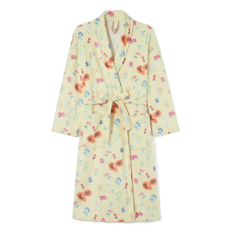 Women Flannel Robe Home Sleepwear Floral Print Shawl Collar Bathrobe Kimono Robe with Belt Winter Warm Pajamas Clothes