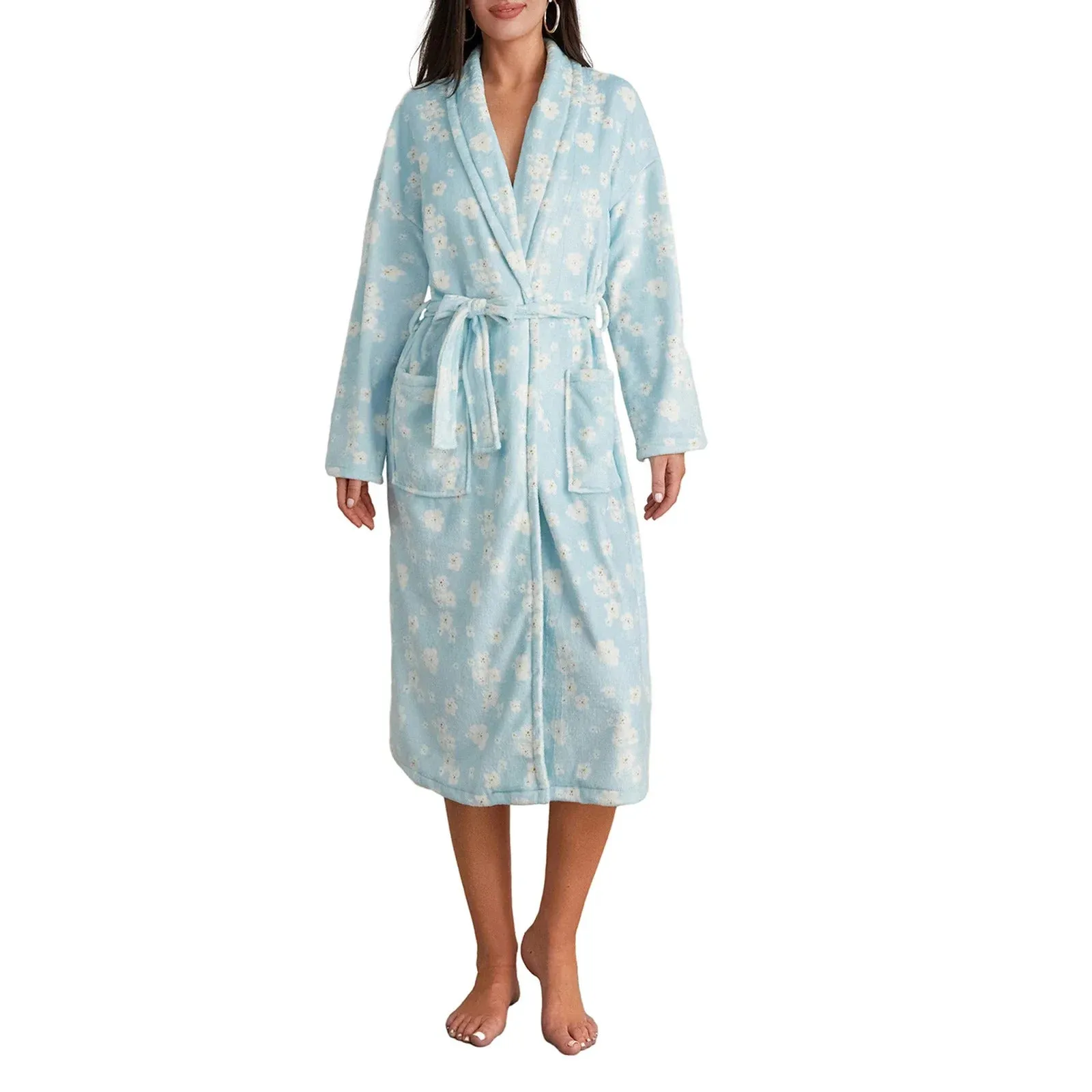 Women Flannel Robe Home Sleepwear Floral Print Shawl Collar Bathrobe Kimono Robe with Belt Winter Warm Pajamas Clothes