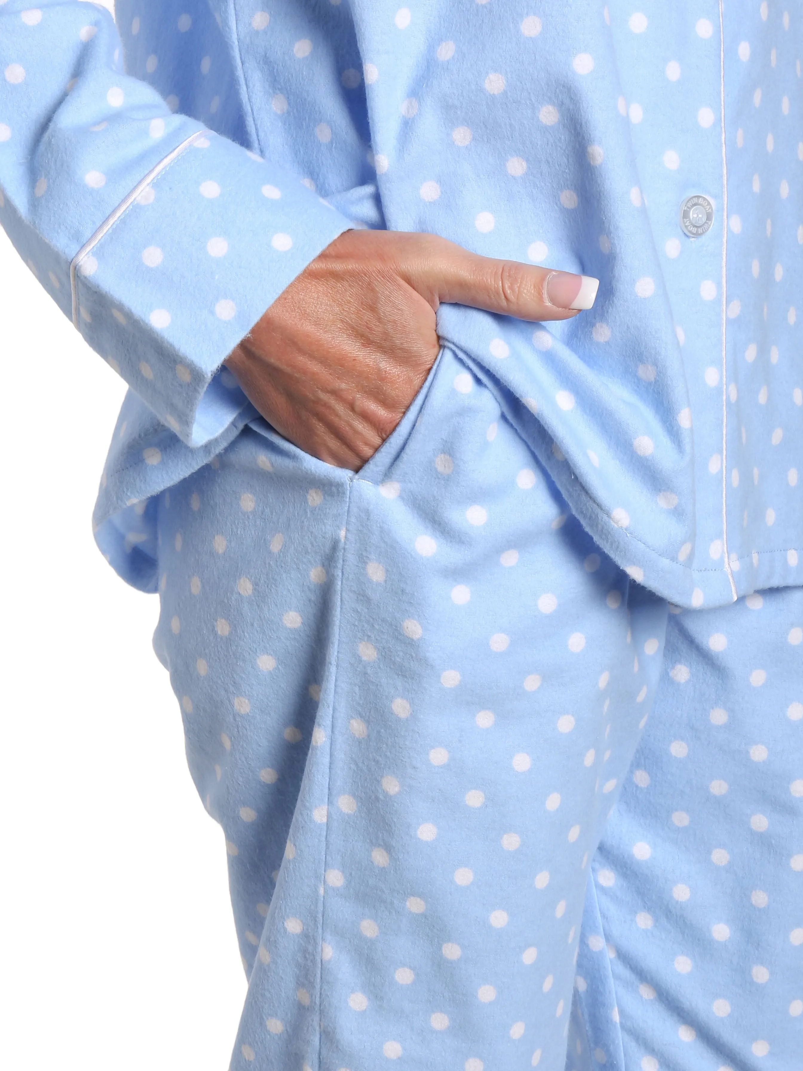 Women's 100% Cotton Flannel Pajama Sleepwear Set - Dots Diva Blue-White