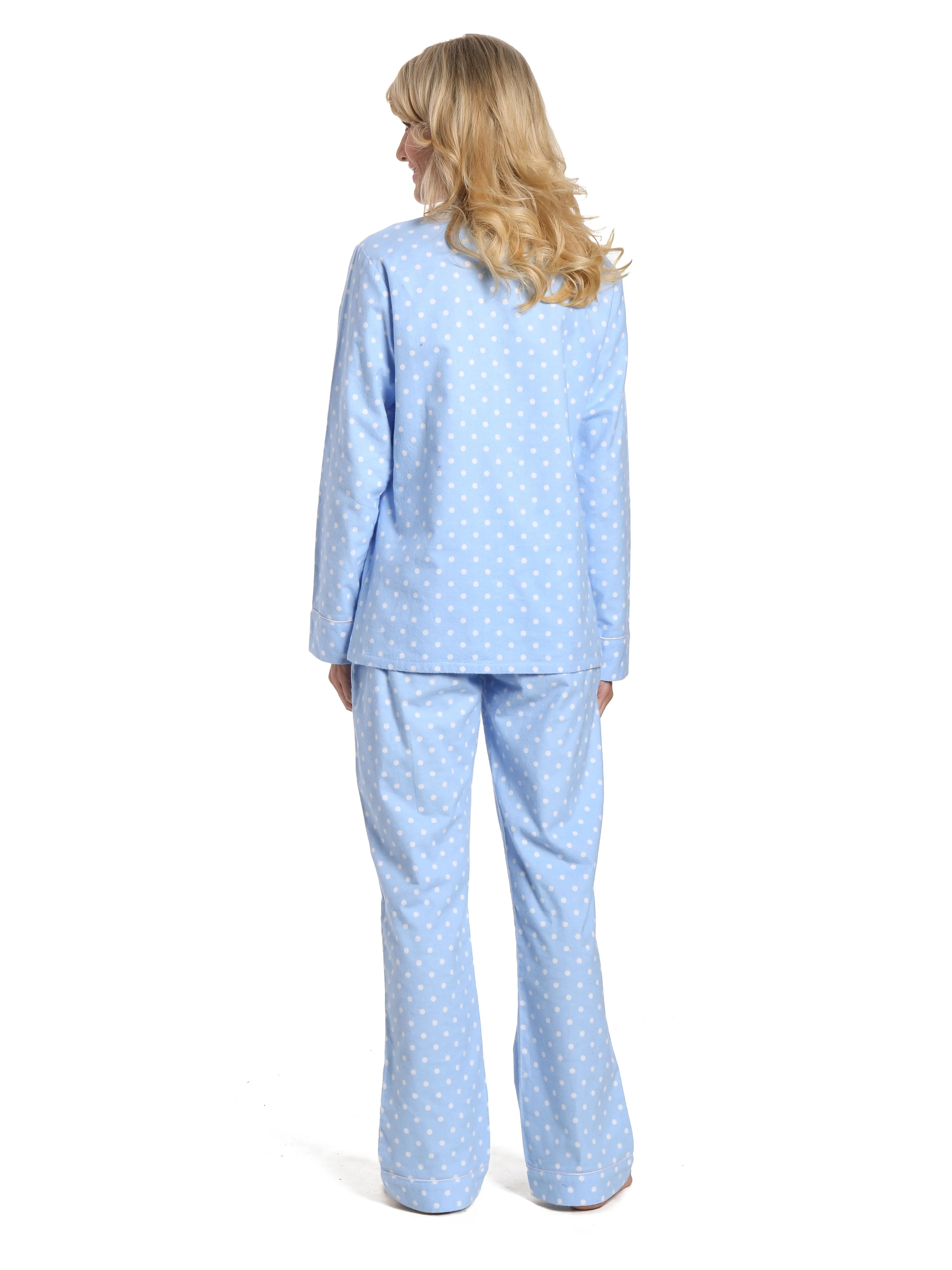 Women's 100% Cotton Flannel Pajama Sleepwear Set - Dots Diva Blue-White