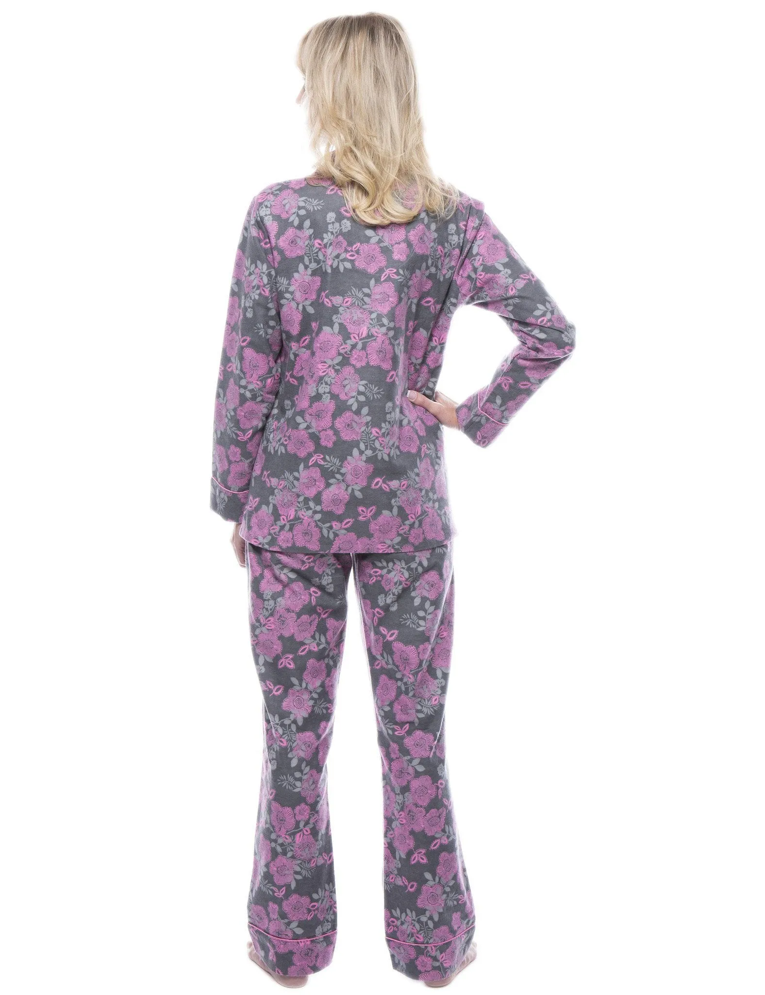 Women's 100% Cotton Flannel Pajama Sleepwear Set - Floral Grey/Pink