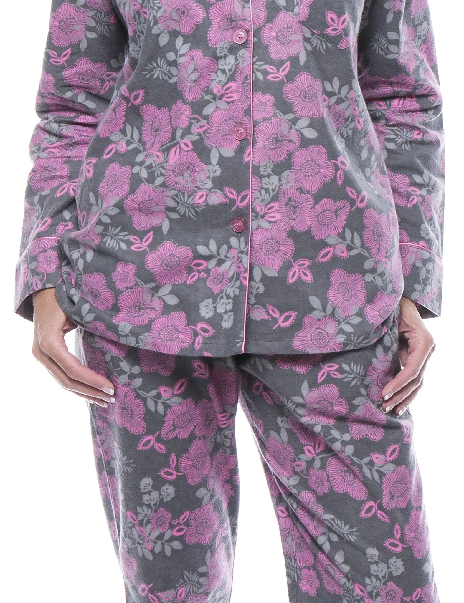 Women's 100% Cotton Flannel Pajama Sleepwear Set - Floral Grey/Pink