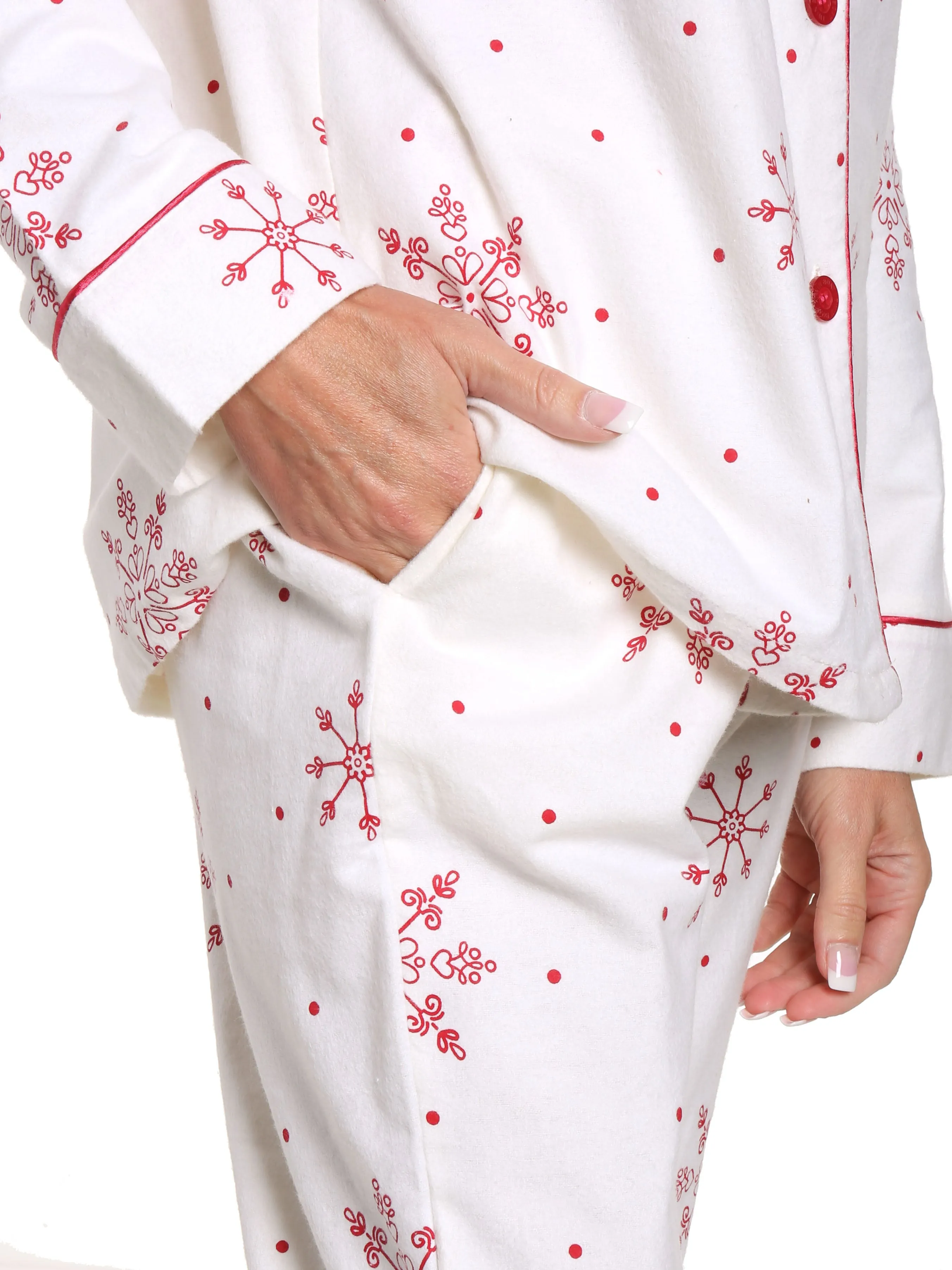 Women's 100% Cotton Flannel Pajama Sleepwear Set - Lovely Snowflakes White-Red