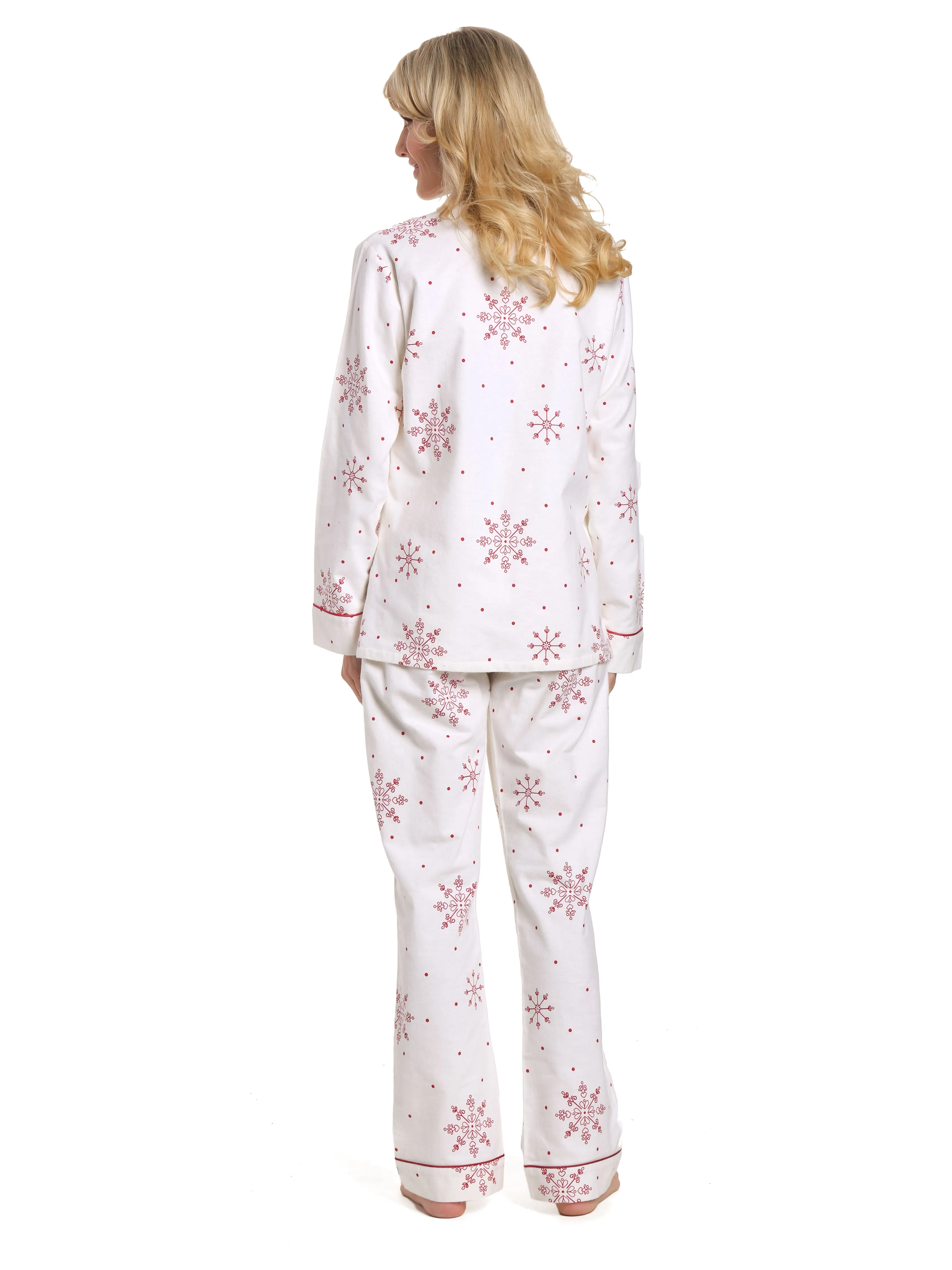 Women's 100% Cotton Flannel Pajama Sleepwear Set - Lovely Snowflakes White-Red