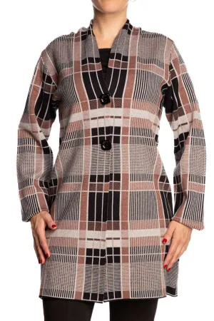 Women's Cardigan Tan Plaid Longer Length Fall Cardigan Sizes S-XXLARGE On Sale Quality Stretch Fabric Flattering True to Size Fit