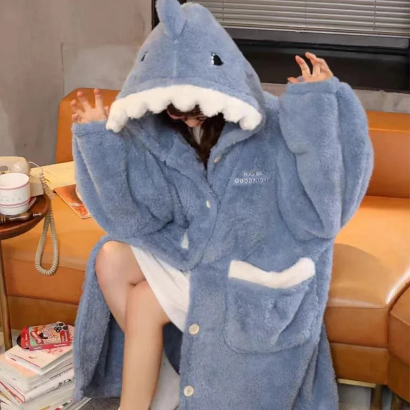 Women's Pajamas Thickened Warm Flannel Cartoon Shark Sleeping Robe Animal women's Two Pieces set Men Women Plush Thick Sleepwear