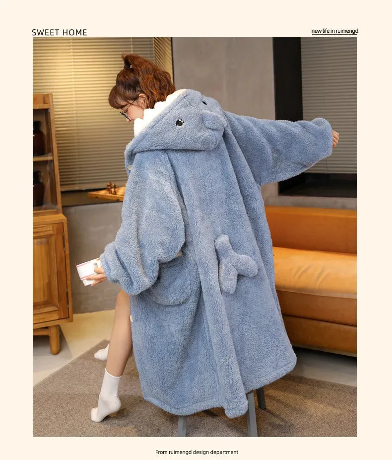 Women's Pajamas Thickened Warm Flannel Cartoon Shark Sleeping Robe Animal women's Two Pieces set Men Women Plush Thick Sleepwear