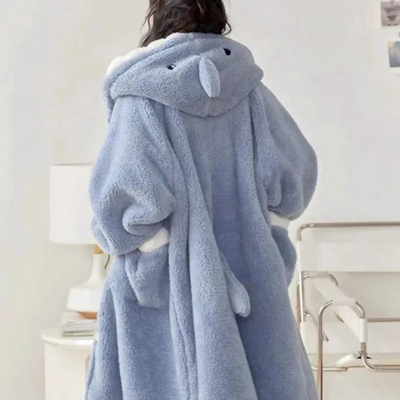 Women's Pajamas Thickened Warm Flannel Cartoon Shark Sleeping Robe Animal women's Two Pieces set Men Women Plush Thick Sleepwear