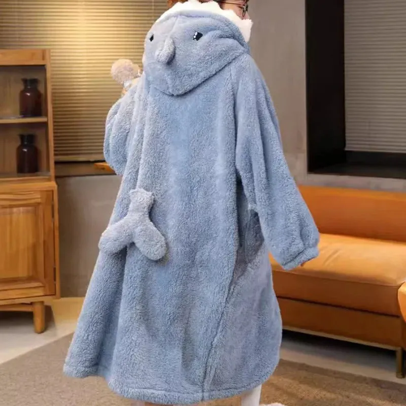 Women's Pajamas Thickened Warm Flannel Cartoon Shark Sleeping Robe Animal women's Two Pieces set Men Women Plush Thick Sleepwear