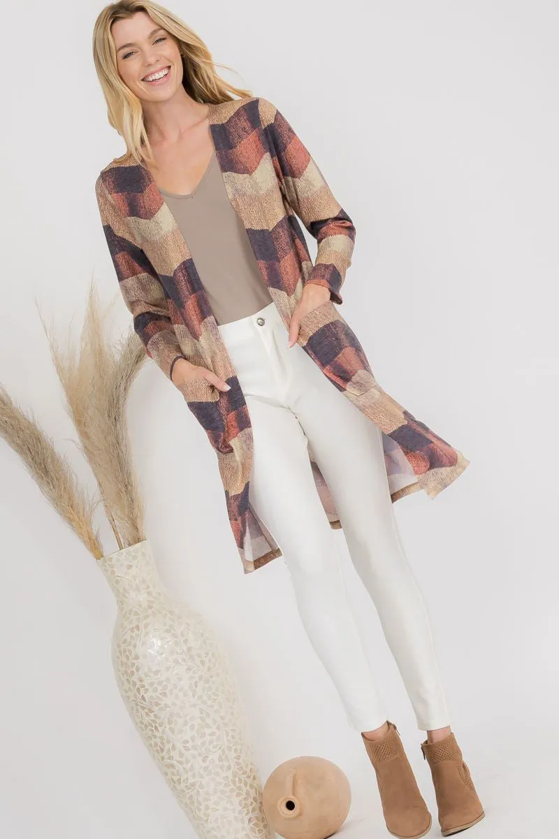 Woven Knit Printed Open Front Cardigan